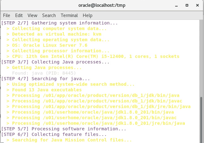 Linux shell running the collection script on an Oracle Linux host, showing steps for gathering system information, collecting Java processes, and searching installed Java executables by path