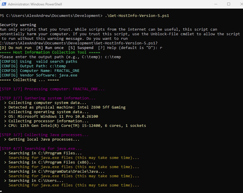 Windows PowerShell running the Get-HostInfo collection script, showing steps for gathering system data, processor information, and searching for java.exe across the filesystem