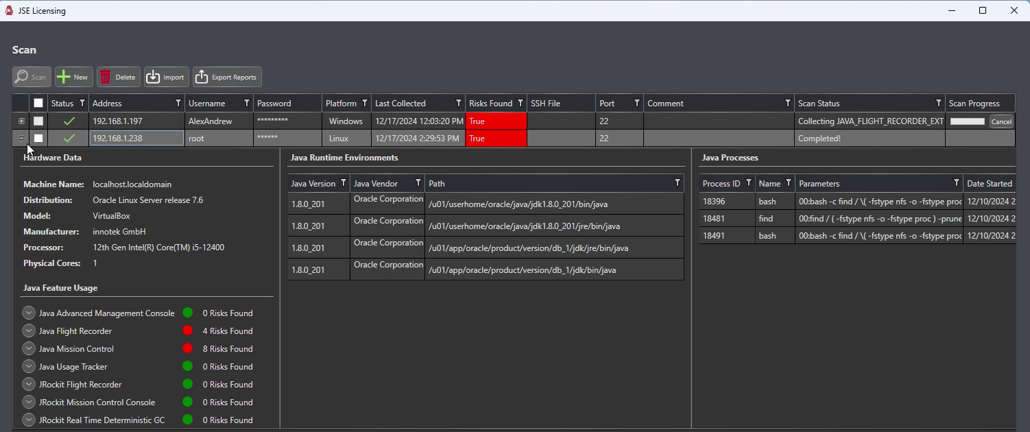 JSE Licensing detail view for a single host, showing hardware data, detected Java runtime environments and paths, Java feature usage with risk flags for Java Flight Recorder and Java Mission Control, and running Java processes