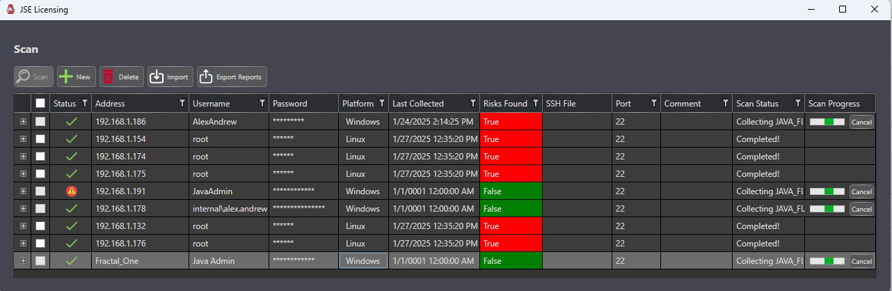 JSE Licensing scan screen showing nine hosts collecting Java usage data in parallel, with risk flags in red and green